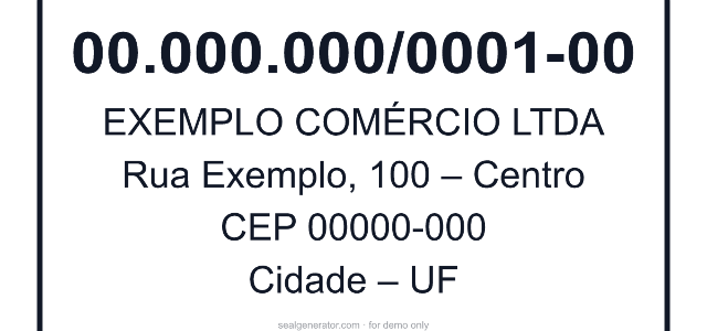 Estrutura típica de um carimbo de CNPJ: número em destaque, razão social e endereço (dados de exemplo).