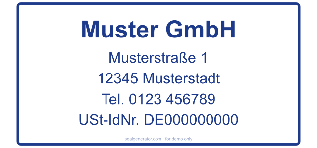 Typischer Aufbau eines deutschen Firmenstempels: Firmenname, Anschrift, Telefon, USt-IdNr. (Beispieldaten).