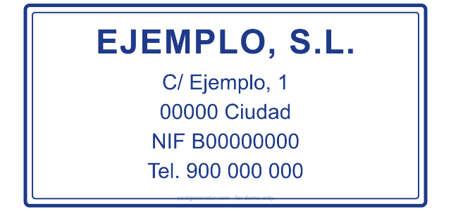 Estructura típica de un sello de empresa en España: razón social, dirección, NIF y teléfono (datos de ejemplo).